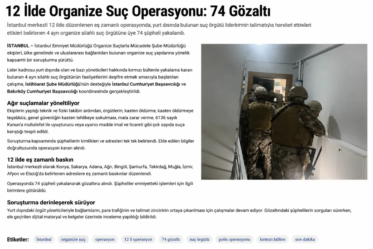 İstanbul Merkezli 12 İlde Organize Suç Operasyonu: 74 Şüpheli Gözaltında