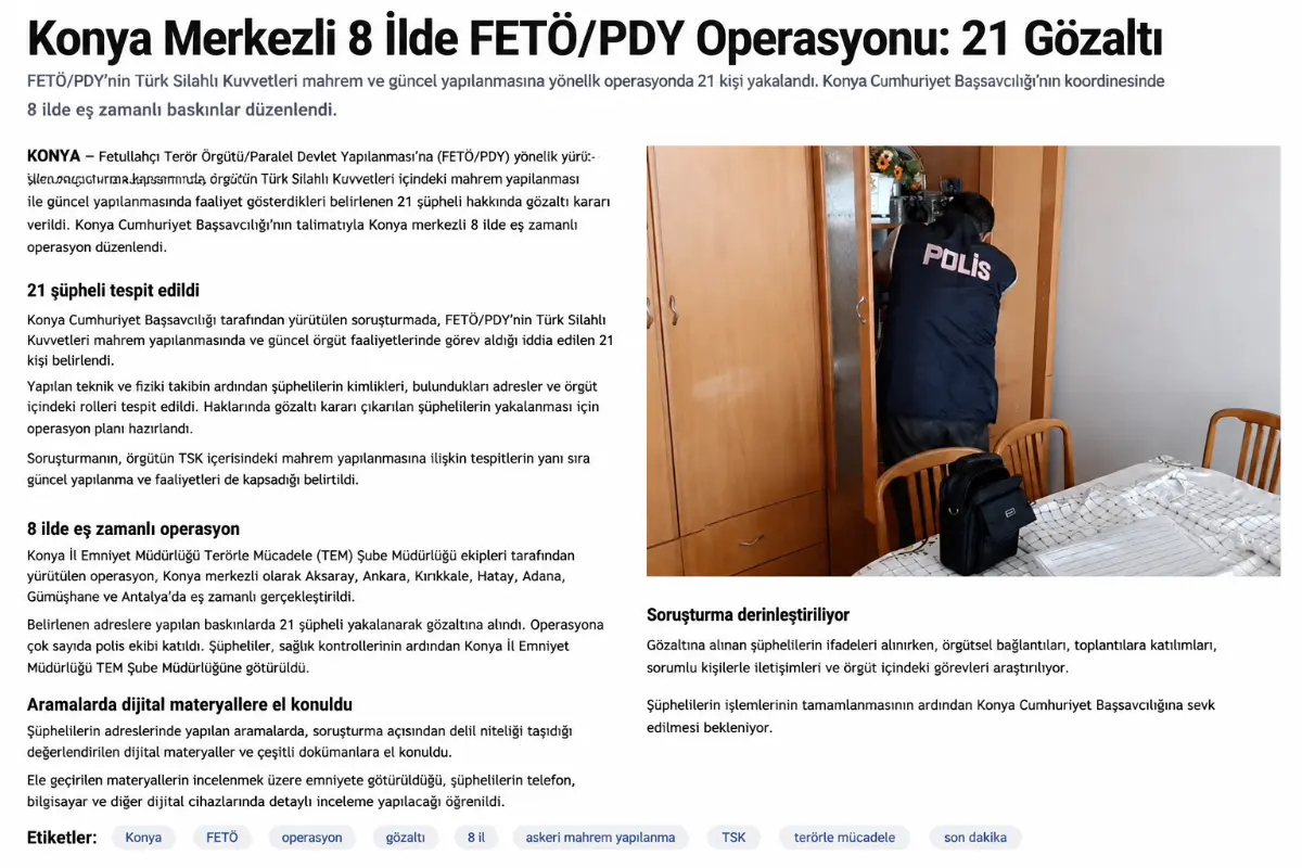 Konya Merkezli 8 İlde FETÖ/PDY Operasyonu: 21 Şüpheli Gözaltına Alındı
