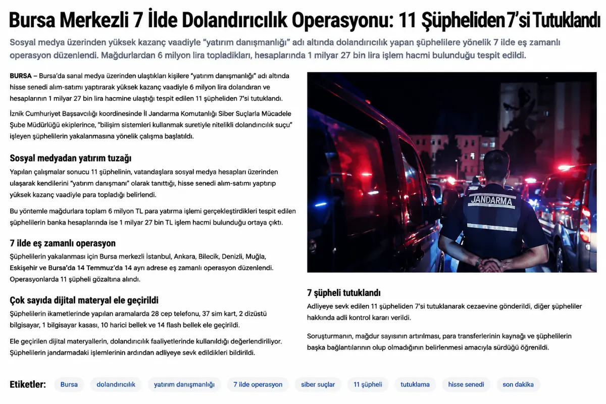 Bursa Merkezli 7 İlde Dolandırıcılık Operasyonu: 11 Şüpheliden 7’si Tutuklandı