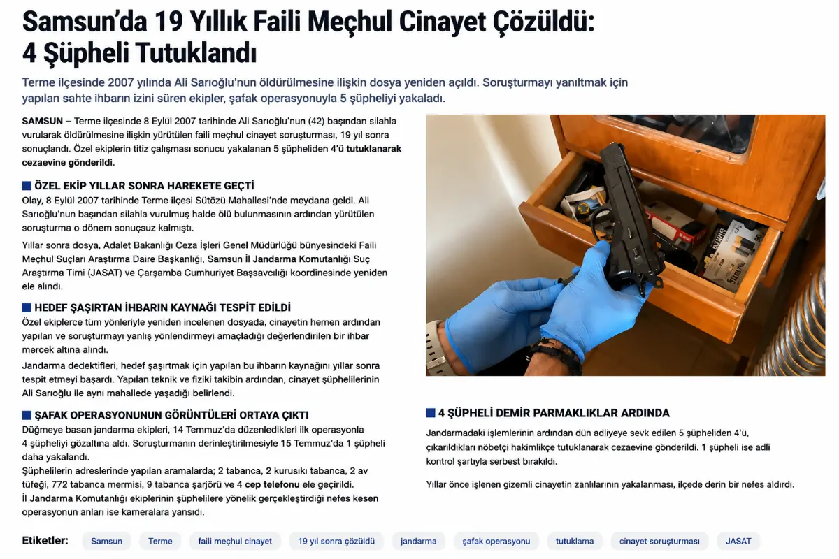 Samsun’da 19 Yıllık Faili Meçhul Cinayet Dosyası Yeniden Açıldı: 4 Şüpheli Tutuklandı